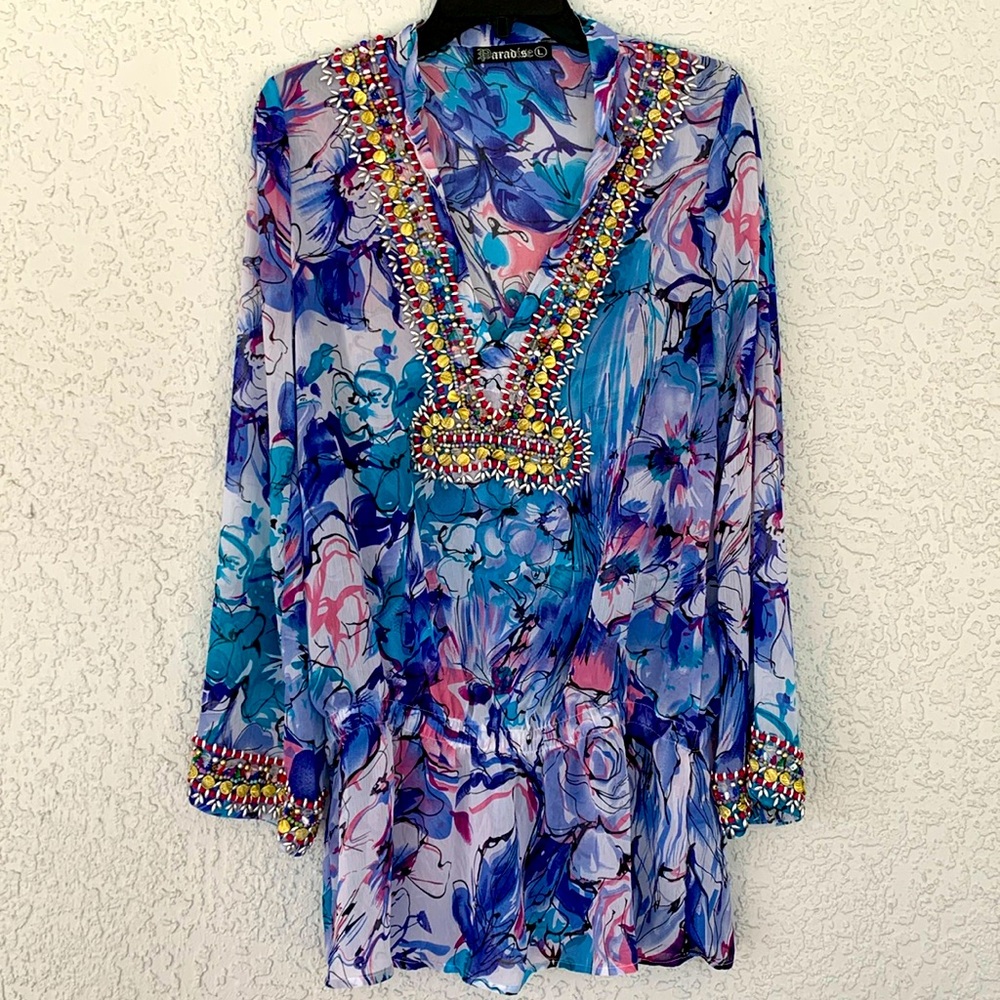 PARADISE BRAND BEAUTIFUL BEADED COLOURFUL TOP /TUNIC SIZE L